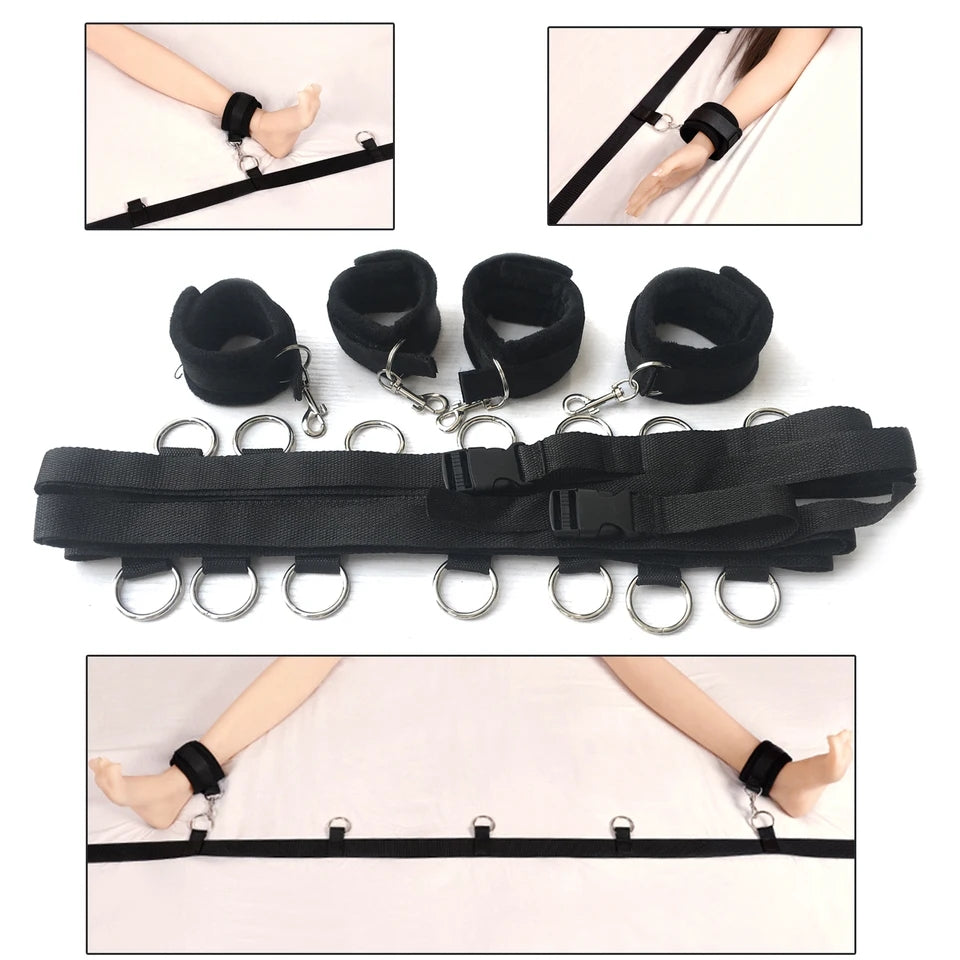 Noire X BDSM Sex Bondage Handcuffs Kit - Ropes for Ankles and Wrists. Bar for Under King/Queen Bed Strap