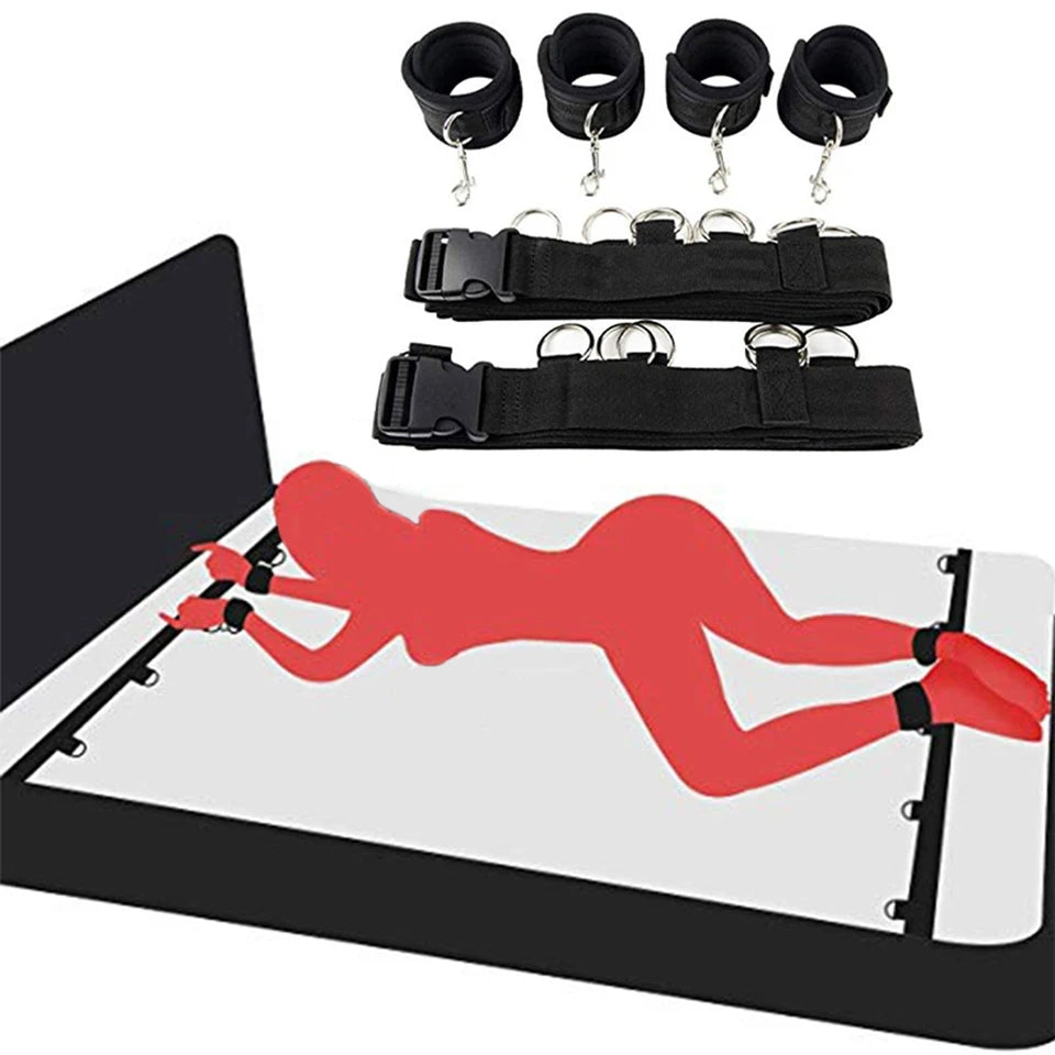 Noire X BDSM Sex Bondage Handcuffs Kit - Ropes for Ankles and Wrists. Bar for Under King/Queen Bed Strap